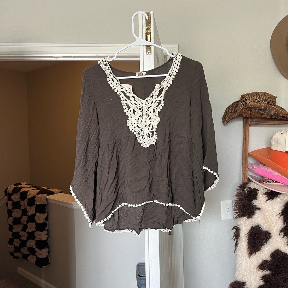 Women's Brown Top with Lace Trim